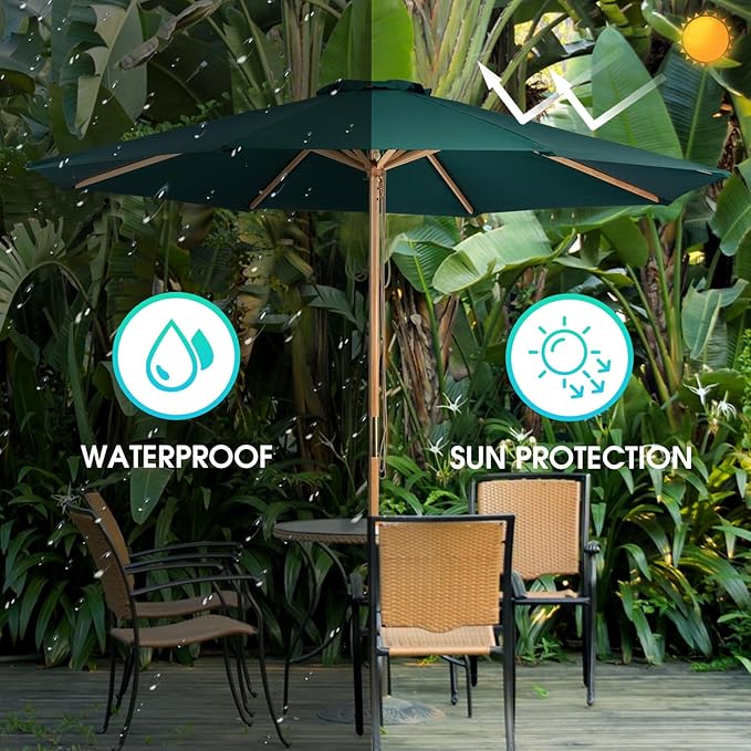 9ft Bamboo Umbrella, Outdoor Patio Umbrella, Waterproof Market Umbrella, 8 Ribs Table Umbrella with Pulley Lift for Garden, Deck, Pool, lawn, Backyard