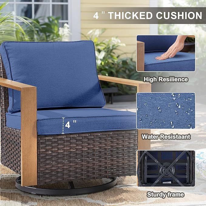 6 Piece Outdoor Patio Furniture Set with Propane Fire Pit Table, Wicker Patio Conversation Set with 2 Swivel Rocker Chairs Rattan Sofa and Removable 4" Thick Cushions for Deck Backyard