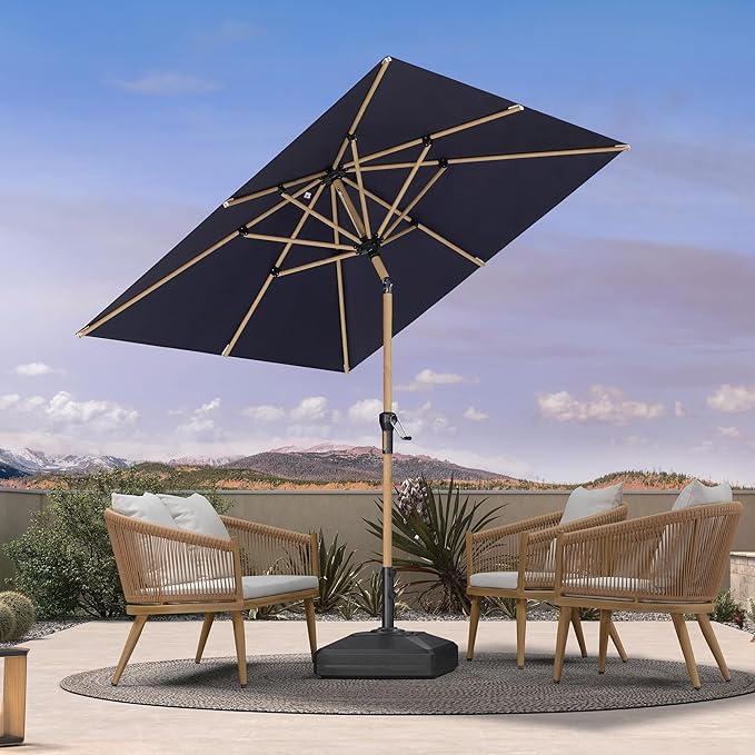 PURPLE LEAF 6.5' x 6.5' Patio Umbrella with Base Square Outdoor Table Umbrella Market Umbrella with Push Button Tilt & Crank and 8 Ribs Aluminum Outdoor Umbrella for Pool Backyard Beach, Navy Blue