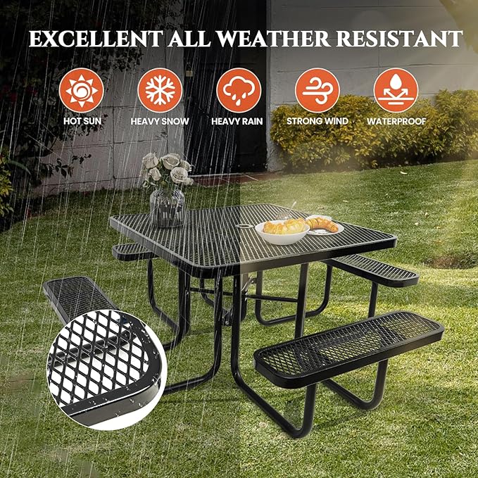 46" Square Top Outdoor Picnic Table Set for Up to 8 Persons, Outside Table Set with 4 Built-in Benches, Metal Commercial-Grade Dining Furniture with Umbrella Hole for Garden, Backyard, Porch, Patio