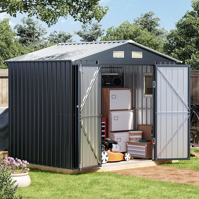 6x8FT Outdoor Metal Storage Shed, Double Door, 1 Clear Window, Tool Shed for Garden, Patio, Backyard Nightblue