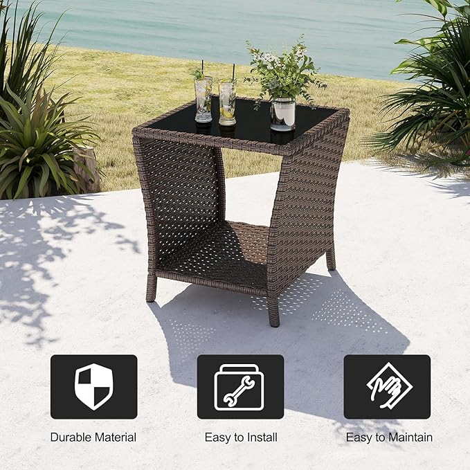 kinbor Outdoor Wicker Side Table - Set of 2 Tempered Glass Top Small Outdoor Table with Storage Shelf for Patio, Balcony & Porch, Durable PE Rattan & Iron Frame