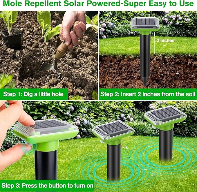 Ultrasonic Mole Repellent Outdoor, 6 Pack Gopher Repellent Solar-Powered for Lawn Yard and Garden, Waterproof Mole Killer Traps, Effectively Repels Gopher Vole Groundhog Snake, Green
