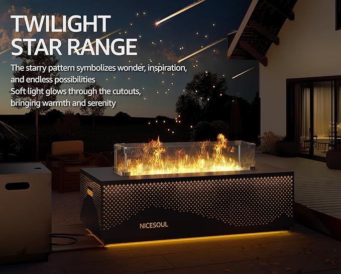 NICESOUL 42'' Outdoor Propane/Natural Gas Fire Pit Table, Rectangle Patio Firepits with Hidden Tank Table, 50000 BTU Modern Fireplace with LED Star Light for Outside Backyard, CSA Certified, Gray