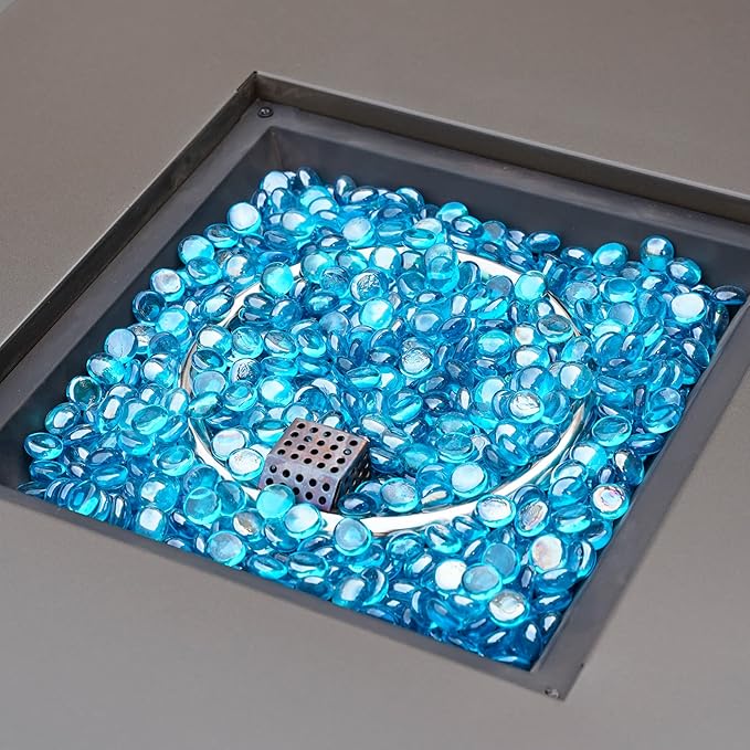 onlyfire 10 Pounds Fire Glass Beads for Propane Fire Pit, 1/2 Inch Reflective Firepit Glass Rocks Flat Marbles for Gas Fireplace and Fire Pit Table, High Luster Caribbean Blue