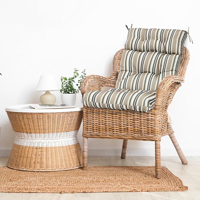 EAGLE PEAK Tufted Outdoor/Indoor High Back Patio Chair Cushions, Set of 4, 46'' x 22'', Beige Stripes