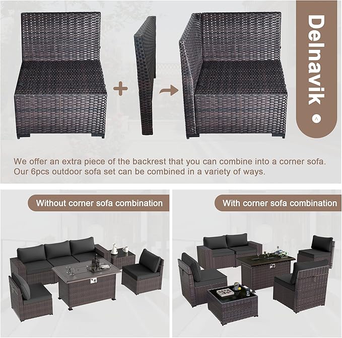 Kurapika 7 Pieces Patio Furniture Set, Rattan Outdoor Conversation Sets w/43in Propane Fire Pit Table and 4 Inch Cushion(Black)
