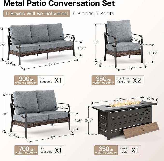SUNSHINE VALLEY 5 Piece Metal Outdoor Patio Furniture Sets with Firepit Table, Patio Conversation Sets 1 3-Seater Sofa, 1 2-Seater Loveseat, 2 Single Sofa with 5.75" Cushion for Backyard Deck, Gray