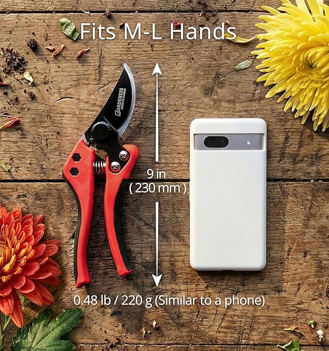 Gardeness Non-stick Coated Blade Bypass Pruning Shears-Garden Clippers For Gardening, Handheld Florist branch cutters - Floral Hand Secateurs with Comfort Grip Handles, Trimming and Yard Work