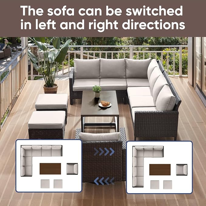HUMMUH Patio Furniture Set 10 Piece PE Wicker Outdoor Sectional Sofa Set with Patio Swivel Chairs Dinning Table Ottomans for Porch,Garden,Backyard,Deck(Brown/Beige)