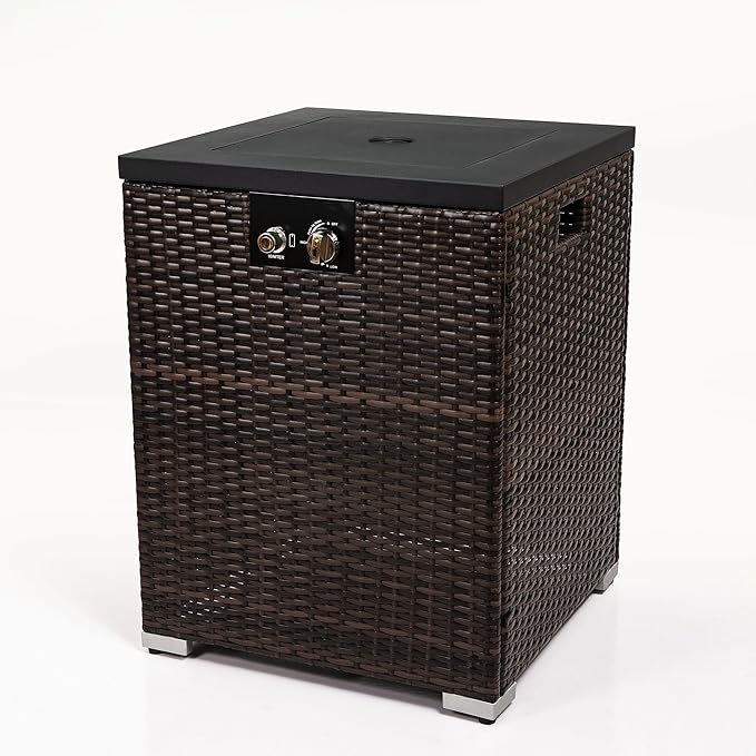 GDFStudio 22" Outdoor Propane Gas Fire Pit Table, 40,000 BTU Square Patio Heater with Wicker Base, Glass Wind Guard & Rain Cover, Small Outdoor Firepit for Garden Deck Backyard, Dark Brown