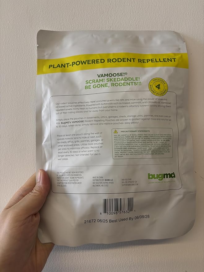 BugMD Vamoose Plus Peppermint Oil Mouse Repellent Pouches | Natural Mice Repellent Indoor & Rat Deterrent for House, Garage, RV, Car & Storage | Plant-Powered Rodent Control - 1 Pack - 4 Pouches