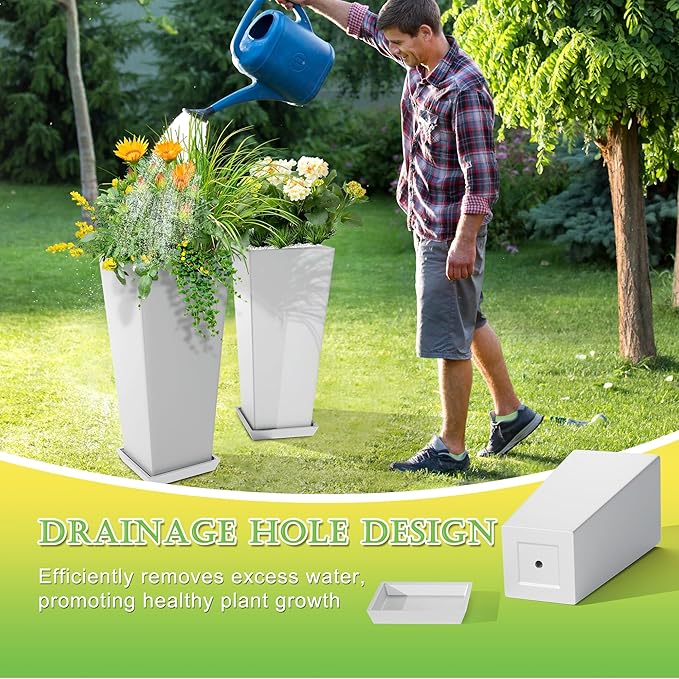 Set of 4 24" Tall Plastic Planters with Trays, Large Tapered Plant Pots for Indoor Outdoor Use, Modern Decorative Planters for Porch, Patio, Garden, and Backyard