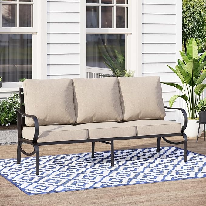 MFSTUDIO Patio Furniture Sets,Outdoor Metal Patio Conversation Sofas with 1 x 3-Seat Sofa for Garden,Beige Cushion