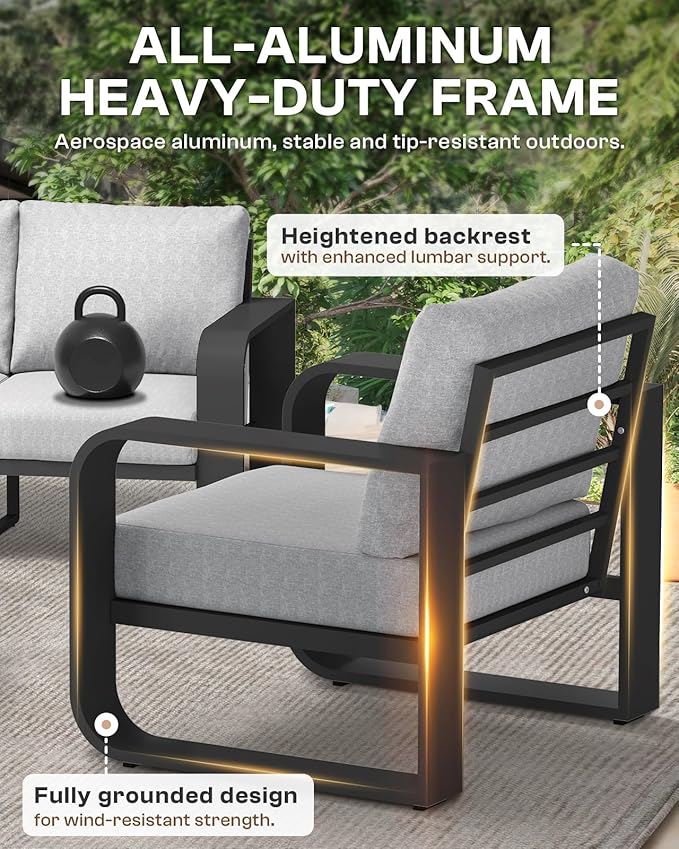 Oasbira Aluminum Outdoor Patio Furniture Set, 4 Piece Oversized Patio Conversation Sets Widened Armrest & Ultra-Thick Cushions, Heavy Duty Modern Sectional Furniture for Backyard, Deck, Gray