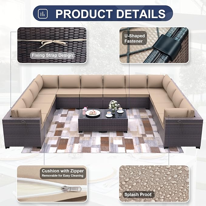 Kurapika 14 Pieces Patio Furniture Set, Rattan Wicker Outdoor Conversation Sets w/4 Inch Cushion and Glass Coffee Table(Sand)