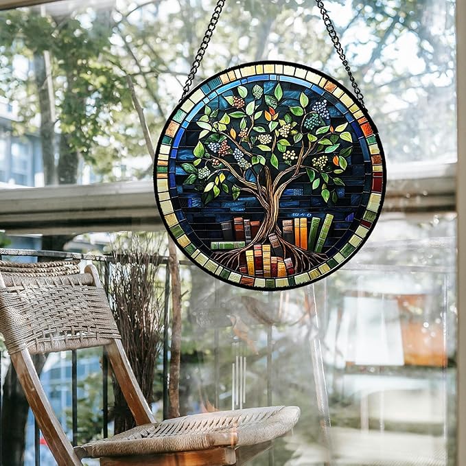 QZQCBLC Stained Glass Window Hanging Green Life Tree Berry Book Large 11.8" - Blue Suncatcher Door Garden Sun Catcher Home Decor Birthday Christmas for Mom Men Woman Nana Friend