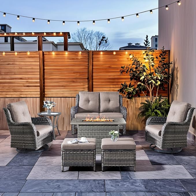 HUMMUH 6-Piece Patio Furniture Set with Fire Pit Table Wicker Outdoor Swivel Rocker Patio Chairs High Back Loveseat Conversation Set for Porch, Backyard, Deck