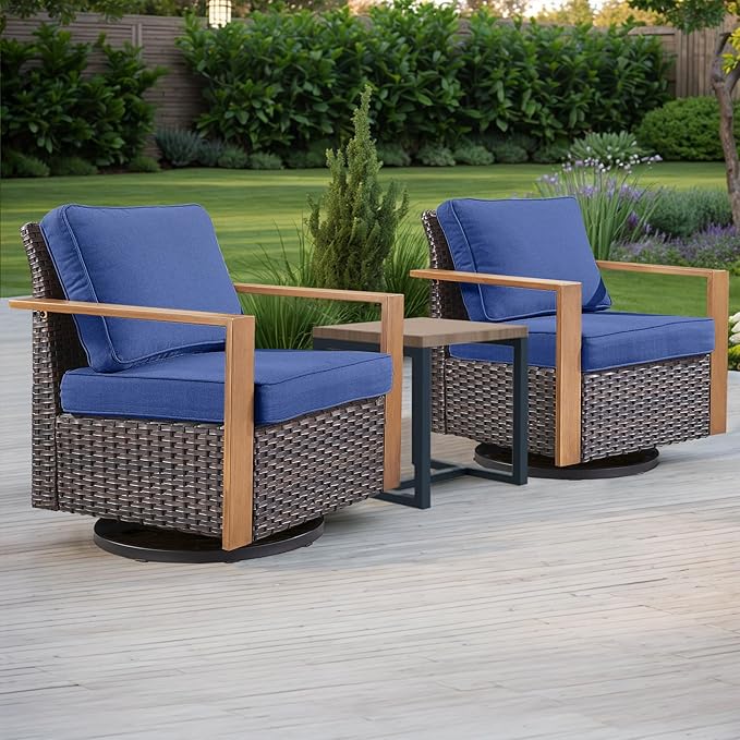 Outdoor Patio Swivel Rocker Chairs - 3 Piece Wicker Patio Furniture Bistro Set with 2 Swivel Rocking Chairs and 1 Metal Side Table,Thick Cushions,Deep Seating for Deck Porch Garden(Brown/Blue)