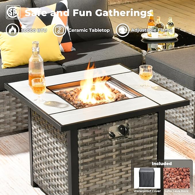 ovios 9 Pieces Patio Furniture Set, Outdoor Wicker Sectional Sofa with 30" Fire Pit Table Swivel Chair, Modern Modular Deep Seat Rattan Couch Conversation Sets, Black
