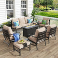 MFSTUDIO 8 Pieces Patio Furniture Sets with 45" Gas Fire Pit Table(Up to 9 Seat), Outdoor Metal Conversation Sofas with 1 x 3-Seat Sofa, 2 Single Chairs, 2 Rocking Chairs and 2 Ottoman, Beige Cushion