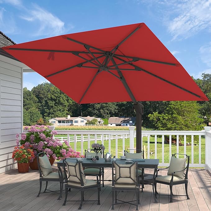 9' X 12' Cantilever Patio Umbrella Rectangular Outdoor Large Offset Umbrellas with 7 Tilts Adjustable 360°Rotation for Deck Pool Garden Backyard, Red