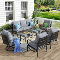 MFSTUDIO 7 Pieces Metal Patio Furniture Sets, 2 Swivel Chairs, 3-Seat Deep Seating Sofa, 2 Single Couch and 2 Ottoman, All Weather 9 Seats Outdoor Conversation Set for Garden Backyard, Grey Cushion