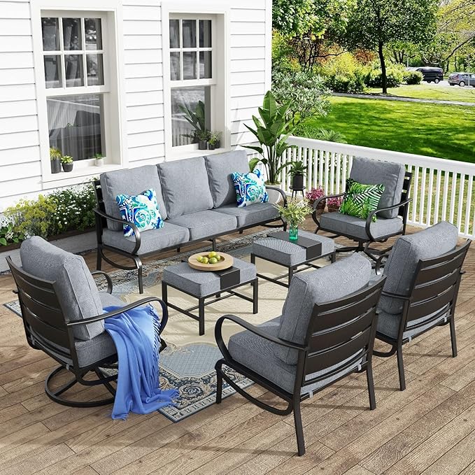 MFSTUDIO 7 Pieces Metal Patio Furniture Sets, 2 Swivel Chairs, 3-Seat Deep Seating Sofa, 2 Single Couch and 2 Ottoman, All Weather 9 Seats Outdoor Conversation Set for Garden Backyard, Grey Cushion