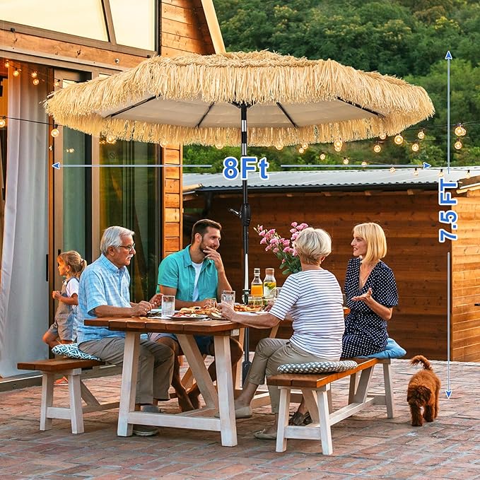 8FT Tiki Umbrella, Beach Umbrella UV-Stability, Outdoor Patio Umbrella Hawaiian Style 8 large Ribs, Thatched umbrellas with Push Button Tilt and Crank Lift for Tiki Bar, Pool, Beach, Natural