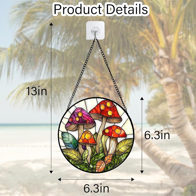 DASTOLL Stained Glass Window Hanging, Mushroom Leaves Suncatcher for Doors Home Sun Catchers Decoration and Christmas, Mother's Day Birthday Gifts for Women, Men, and Mom 6.3 in