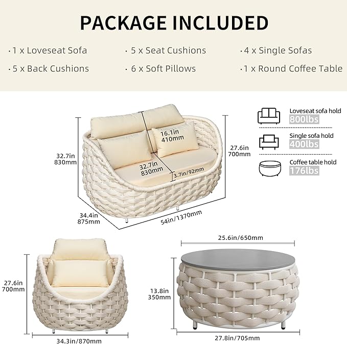 TWT 6-Piece Aluminum Patio Furniture Set, Olefin Rope Modern Outdoor Conversation Set Sectional Sofa with Water Repellent Thick Cushions and Coffee Table for Balcony, Garden, Beige