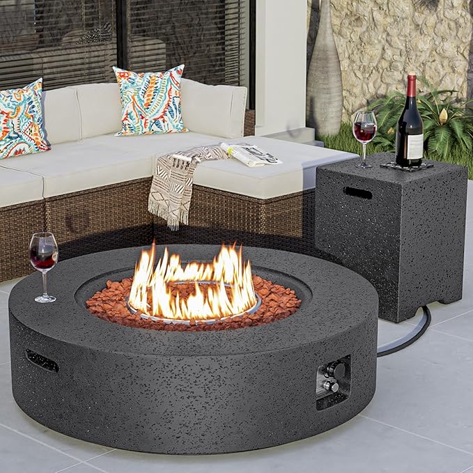 COSIEST 42 inch Outdoor Propane Fire Pit Coffee Table w Concrete Round Base Patio Heater, Certified, 50,000 BTU Stainless Steel Burner, Free Lava Rocks, Rain Cover, Tank Cover, Gray