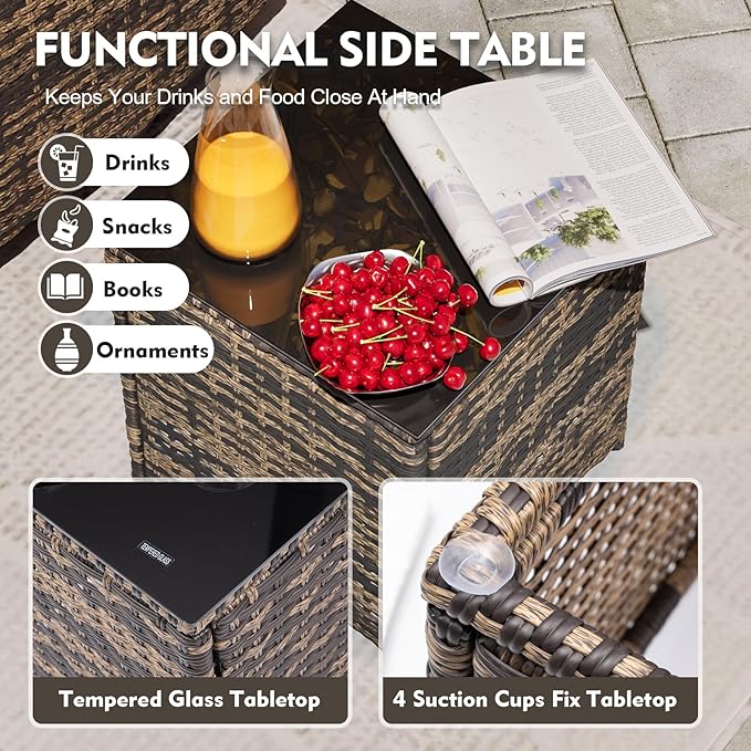 MEISSALIVVE 3 Pieces Patio Furniture Set with Swivel Chair, Outdoor Swivel Rocker with Washable Cushions & Tempered Glass Tabletop, Outdoor Rattan Conversation Set for Lawn Backyard Porch (Brown)