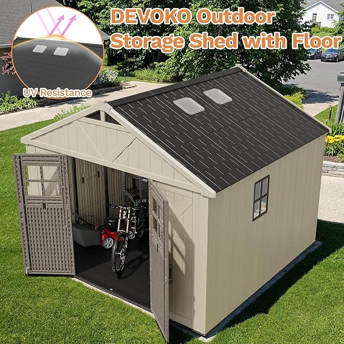 Devoko 10 x 8 FT Resin Outdoor Storage Shed, Extra Large Plastic Shed with Skylight, Floor and Lockable Door, Storage Bike, Tools, Lawn Mower for Garden, Backyard, Patio, Beige