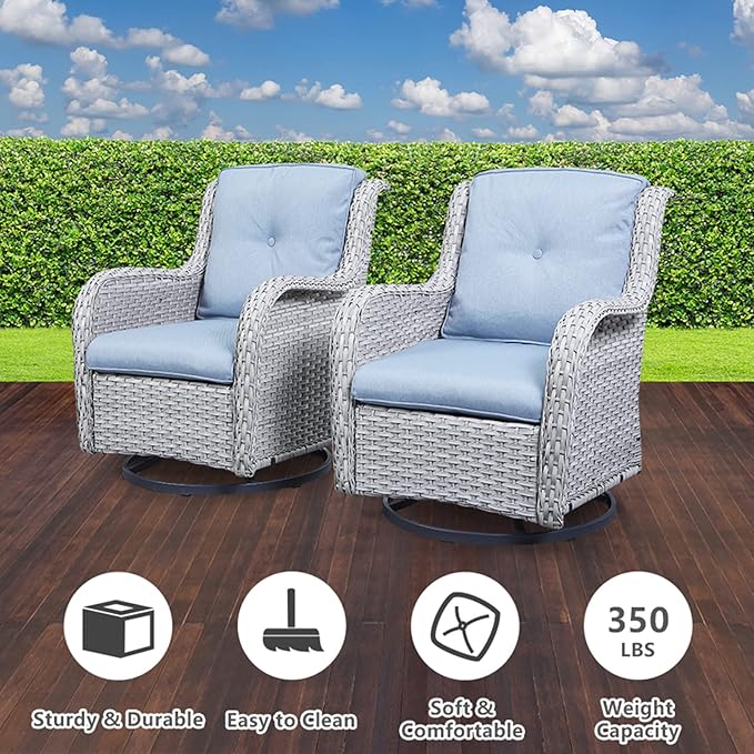 Belord Wicker Outdoor Furniture Patio Furniture Set - 6 Piece Patio Conversation Set with Swivel Rocker Chairs, Rattan Sofa, Ottomans and Coffee Table, Baby Blue Cushion