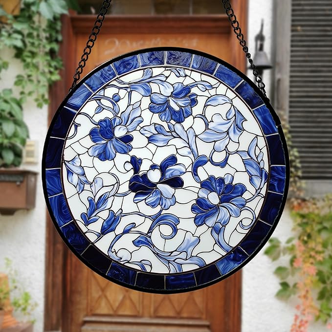 AMDERVEN Stained Glass Window Hanging, Blue and White Abstract Flowers Sun Catcher for Door Home Decor Suncatcher Christmas Mother's Day Birthday Gifts for Women Men Mom and Nana 9.8 in