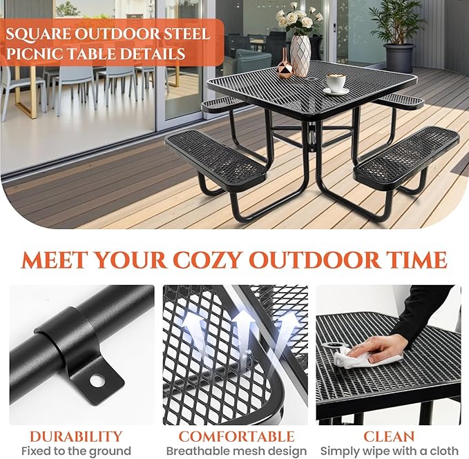 46" Square Top Outdoor Picnic Table Set for Up to 8 Persons, Outside Table Set with 4 Built-in Benches, Metal Commercial-Grade Dining Furniture with Umbrella Hole for Garden, Backyard, Porch, Patio
