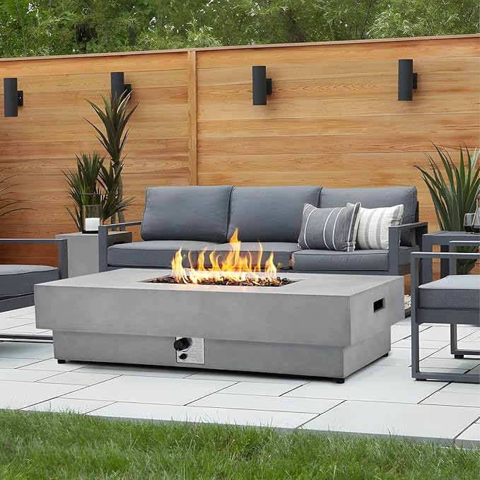 60 Inch Outdoor Propane Fire Pit Table with Tank Cover, 50,000 BTU Natural Gas Firepit for Outside Patio Rectangular Concrete Fire Table with Steel Lid, Lava Rock, Rain Cover
