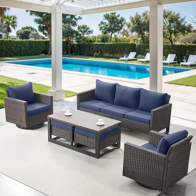 6 Piece Wicker Patio Furniture Set - Outdoor Swivel Rocker Chairs Set with Coffee Table, 3 Seat Sofa & Ottomans, Small Patio Conversation Sets Proch Furniture for Balcony Deck - Brown/Blue