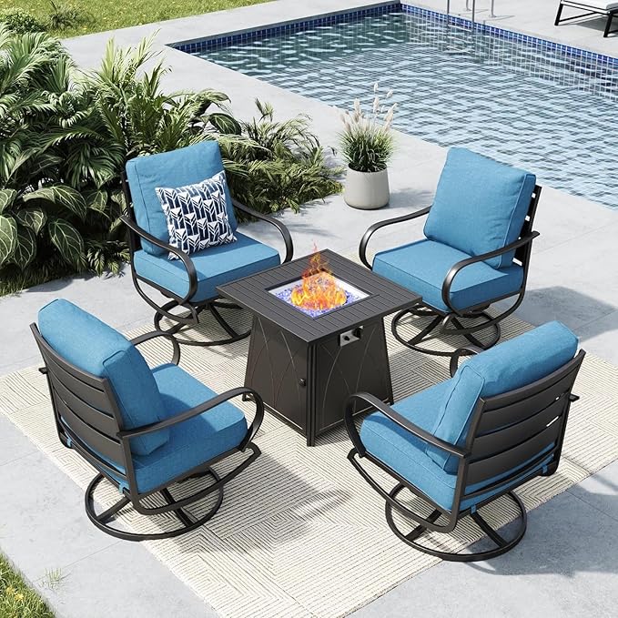 MFSTUDIO 5 Pieces Patio Conversation Sets, Outdoor Metal Furniture Sofas with 1 x 28 50,000 BTU Square Propane Gas Fire Pit Table and 4 x Steel Frame Patio Sofa Swivel Chairs with Navy Cushion
