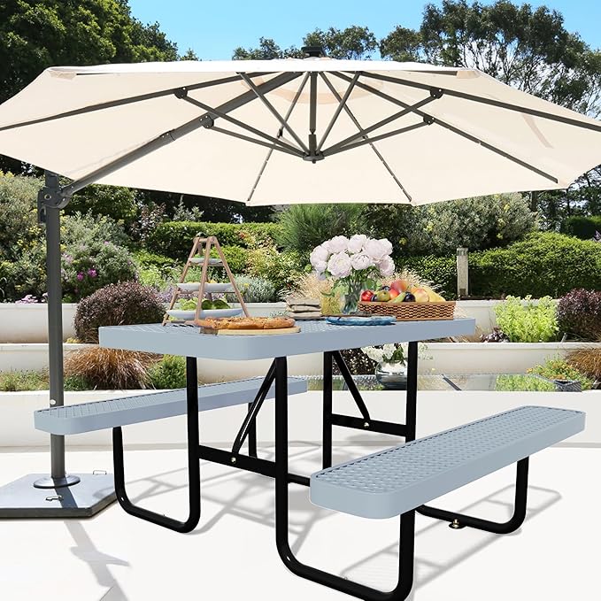 HIMcup 48'' Rectangular Steel Picnic Table for Outdoors,Commercial Metal Picnic Table Bench Set with Umbrella Hole,School Canteen Table W/Seats - Heavy Duty Sturdy Picnic Tables for Patio Garden