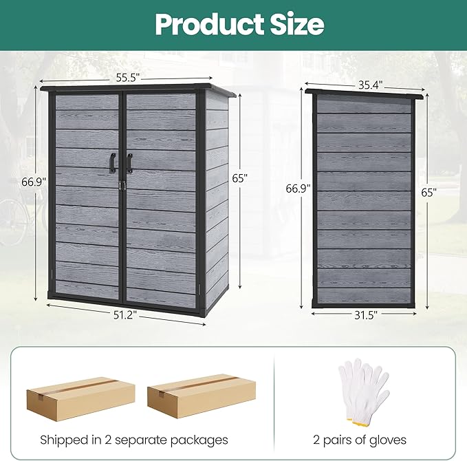 5×3 FT Vertical Outdoor Storage Shed, 56.8 Cu.Ft Resin Storage Cabinet with Lockable Double Doors, Weather-Resistant Tool Shed for Garden, Patio, and Backyard Equipment (Woodgrain Gray)