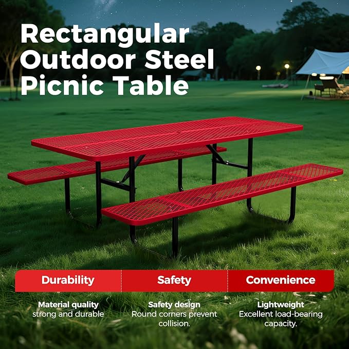 Rueekfil 72" Coated Picnic Table with Umbrella Hole, Heavy Duty Commercial Picnic Table for Outdoors, Family & Party Ready for School Camping, Rectangular, Red