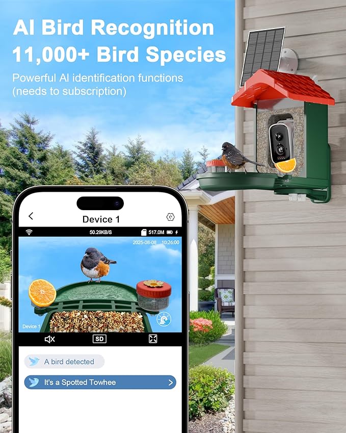 2-in-1 Smart Wild Bird Feeder & Bath with 4K HD Camera, AI Identification Solar Bird Feeder Watching Camera Night Vision for Outdoor Birds Watching Gifts for Birdlover, Red & Green