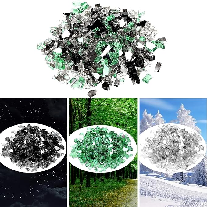 Onlyfire 10 Pounds Blended Reflective Fire Glass for Fire Pit Fireplace and Landscaping, 1/2 Inch Mixed Colored High Luster Fireglass Rocks for Outdoor ＆ Indoor - Onyx Black+Platinum+ Light Green