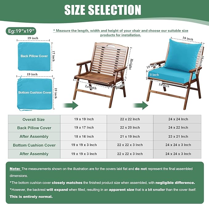 Outdoor Backrest and Deep Seat Cushion Set, Waterproof Fade Resistant Patio Chair Furniture Cushion with Removable Cover, 22 x 22 Inch, Teal, Set of 4