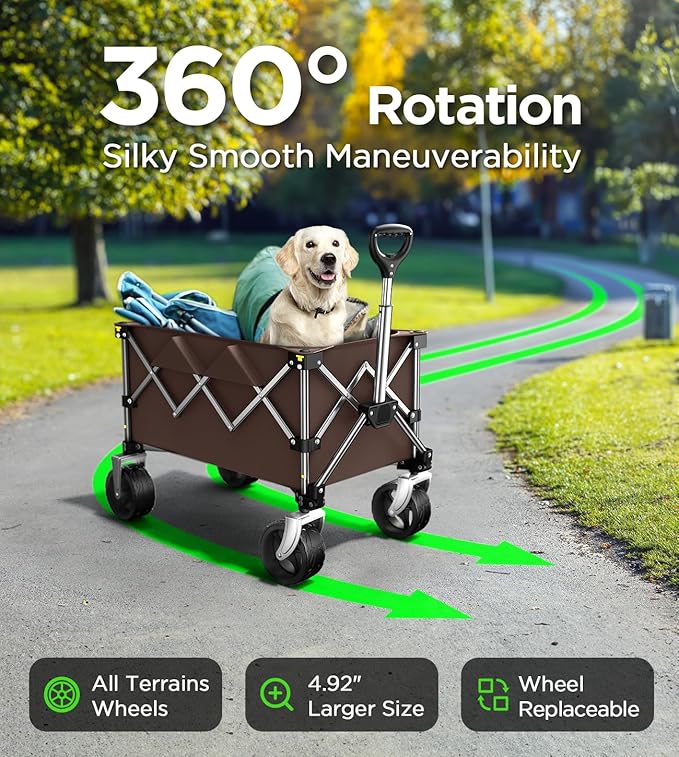 Collapsible Folding Wagon Cart with Large Wheels & 150L Capacity | Heavy-Duty Foldable Utility Wagon for Groceries, Camping, Beach, Sports & Garden Use | Compact Storage, No-Tool Setup-Khaki
