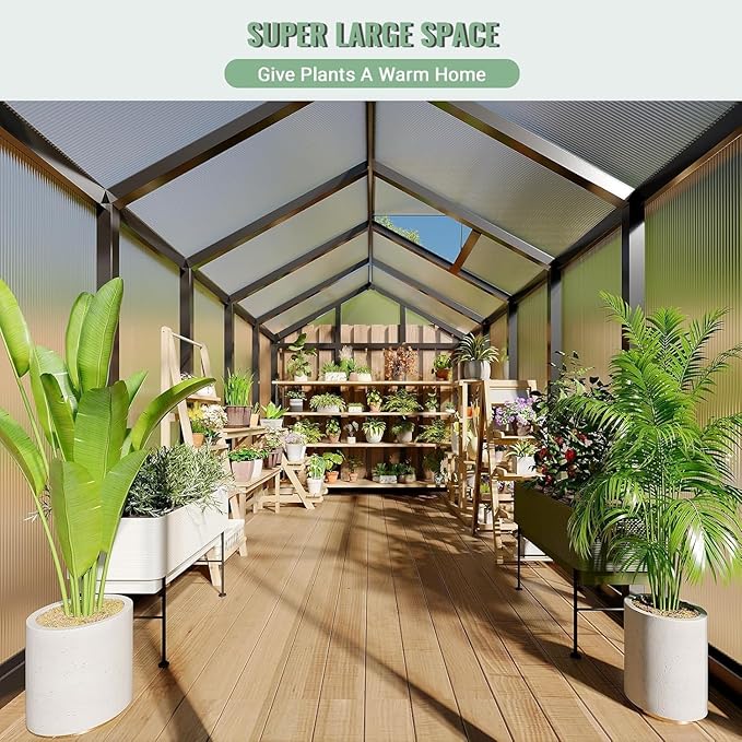 Greenhouse, 6x10 Ft Outdoor Greenhouses, Accessible Green House with Roof Vents and Sliding Doors, Aluminum Frame Polycarbonate Greenhouses, Large Greenhouse for Outdoor Gardens and Backyards, Black