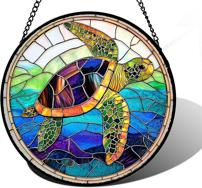 DASTOLL Stained Glass Window Hanging, Colored Turtle Ocean Suncatcher Diamond Glass Panel Hangings Marine Life Sun Catchers Decor for Birthday for Women, Men, Wife, Aunt, Mom 9.8 in
