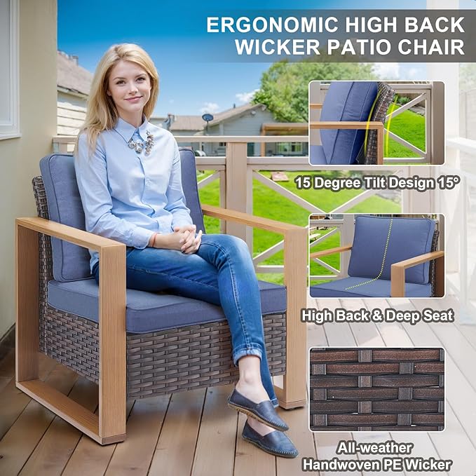 Belord Patio Wicker Chairs Set of 2-350 LBS Weight Capacity Wicker Outdoor Club Chair Set with Metal Wide Armrests for Porch Deck Sunroom Backyard